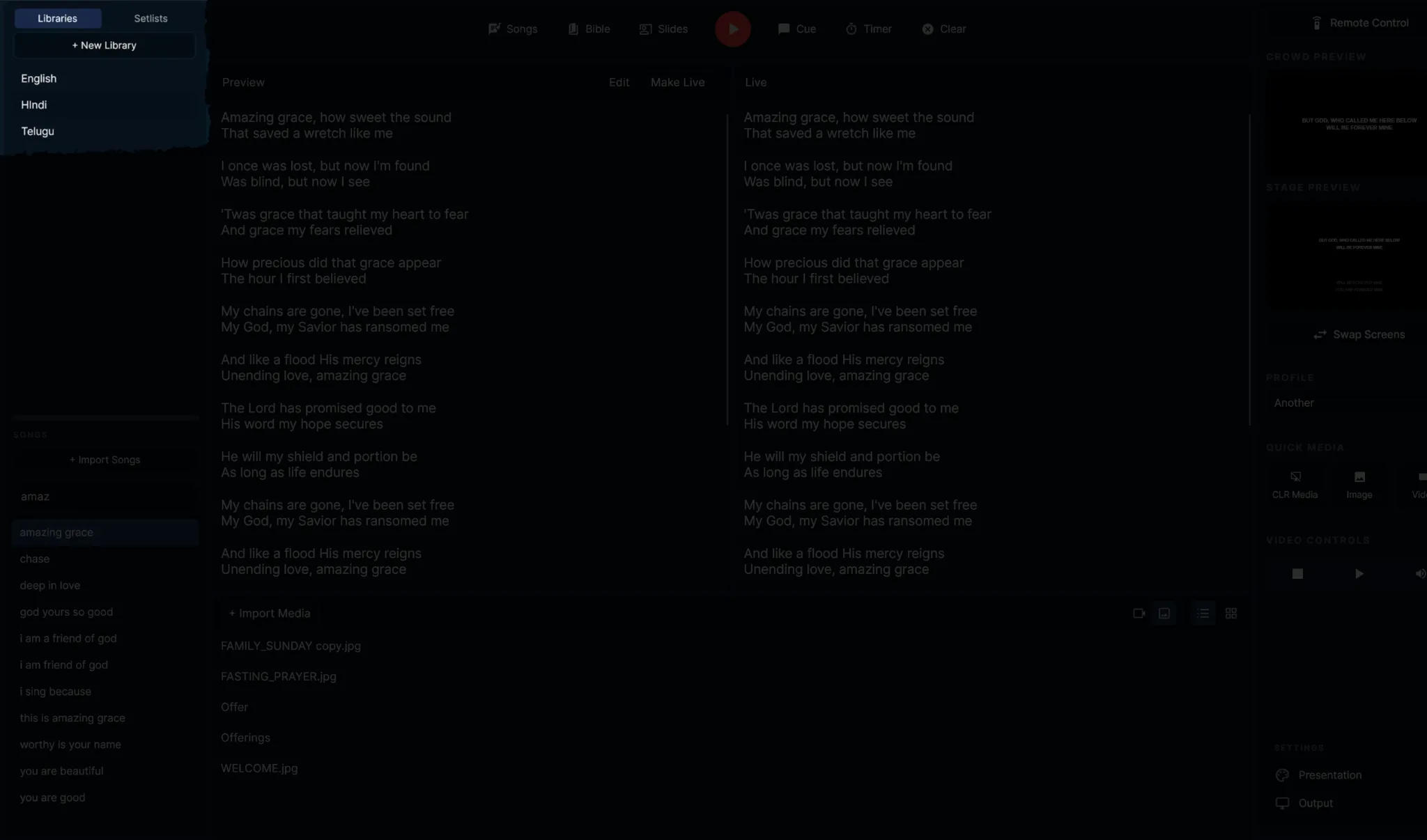 PraiseMates song library organized into folders and setlists